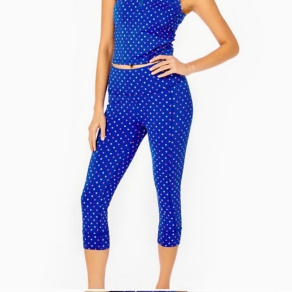 Lilly Pulitzer Luxletic Weekender High Rise Crop Leggings Blue Pink Square Dot M